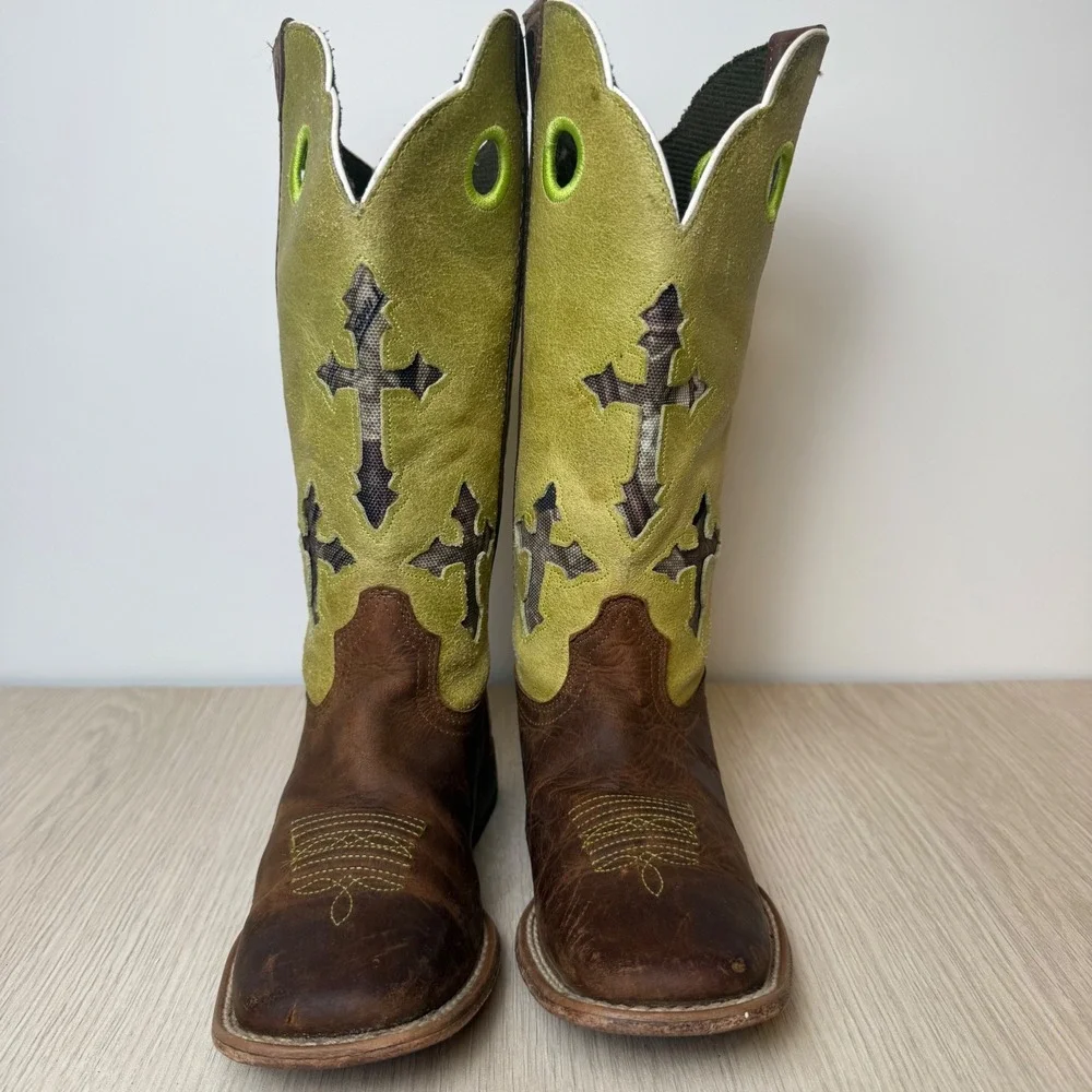 Ariat Kids Heritage Western Cowboy Boots Leather Cross Embroidered Size 12